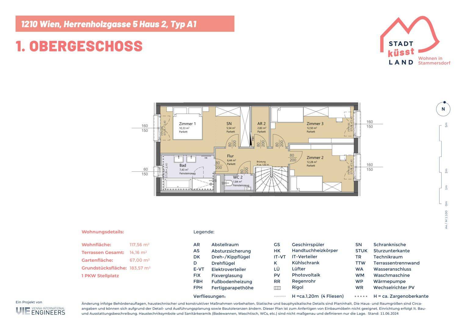 Grundriss des ersten Obergeschosses mit drei Zimmern, Bad und separatem WC.