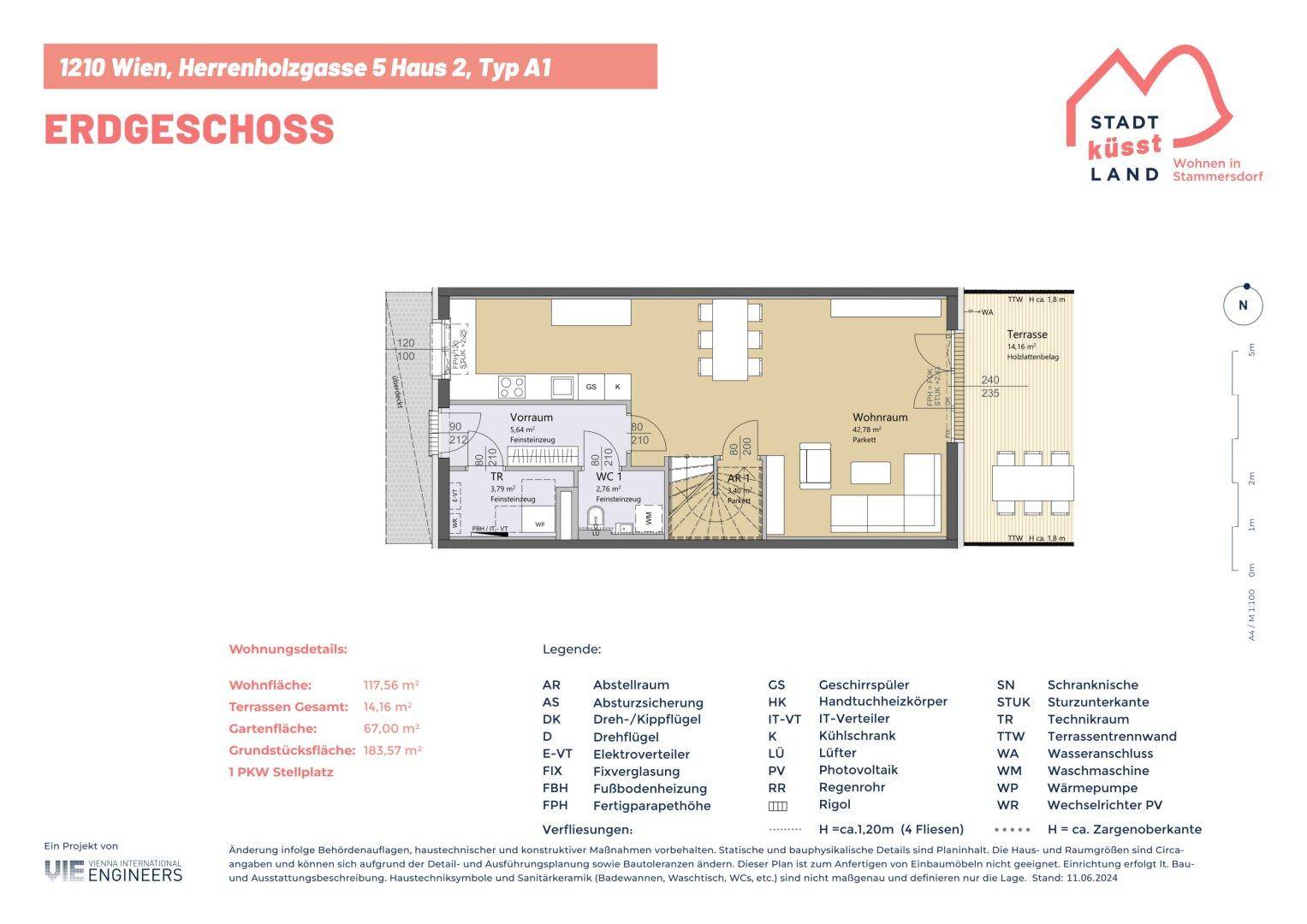 Grundriss des Erdgeschosses mit Wohnbereich, Terrasse, Vorraum und WC.
