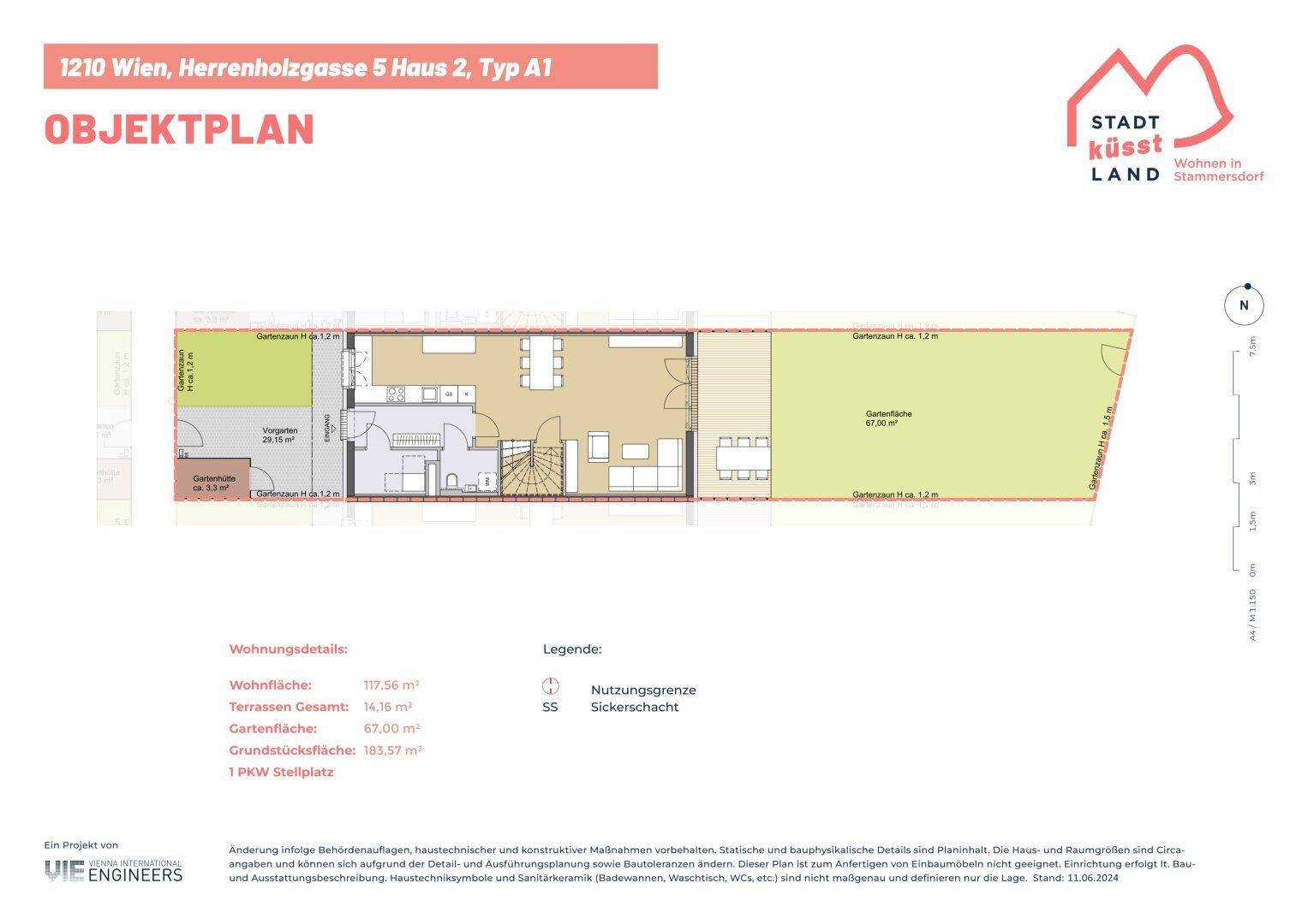 Objektplan des Hauses Typ A1 mit Wohnfläche, Terrassen- und Gartenbereichen.