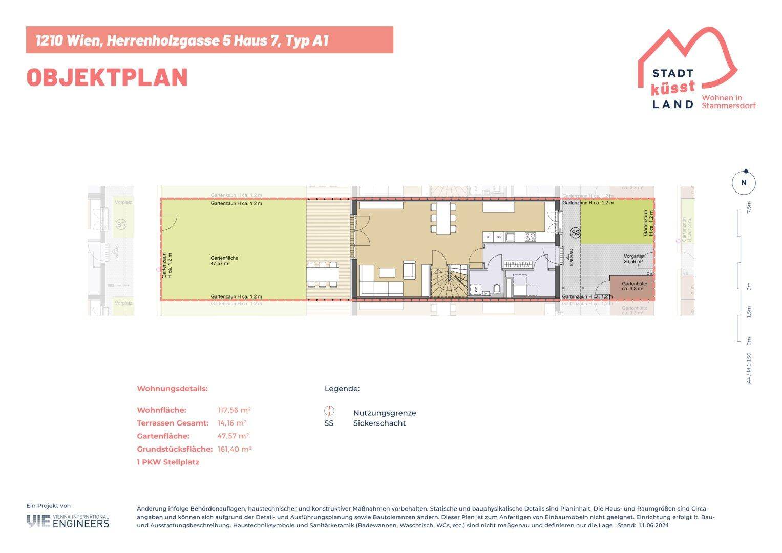 Detaillierter Objektplan mit Wohnbereich, Garten und Terrasse, inklusive Flächenangaben.