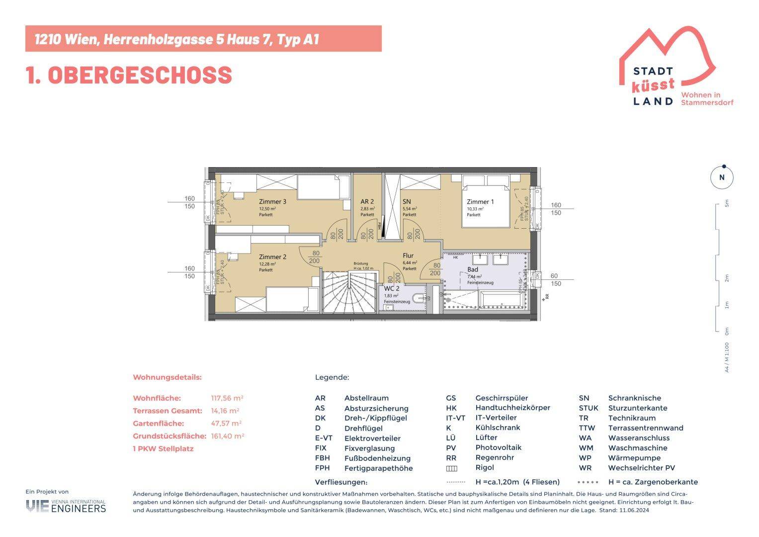 Grundriss des ersten Obergeschosses mit drei Schlafzimmern, zwei WCs und einem Badezimmer.