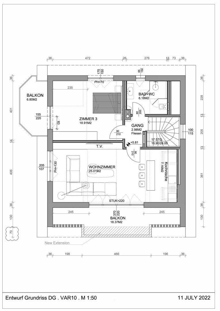 Detaillierter Grundriss des Dachgeschosses mit Schlafzimmer, Wohnzimmer, Kochnische und zwei Balkonen.