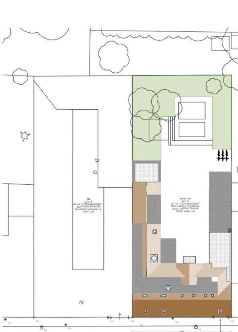 Lageplan des Grundstücks mit Gebäudegrundrissen, Gartenbereichen und umliegenden Strukturen.