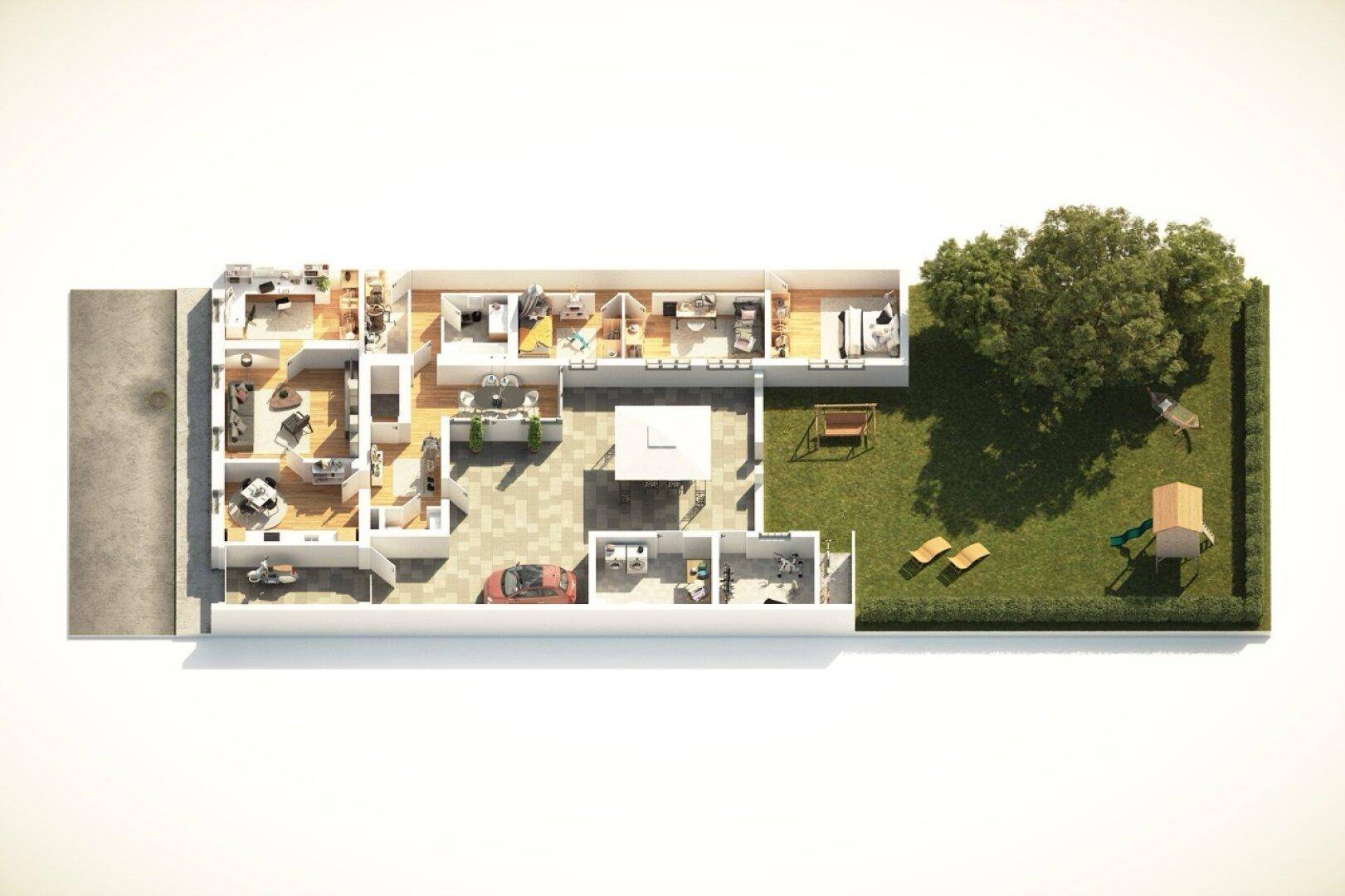 Detaillierter 3D-Grundriss mit möblierten Räumen, Garage und einem Garten mit Spielbereich.