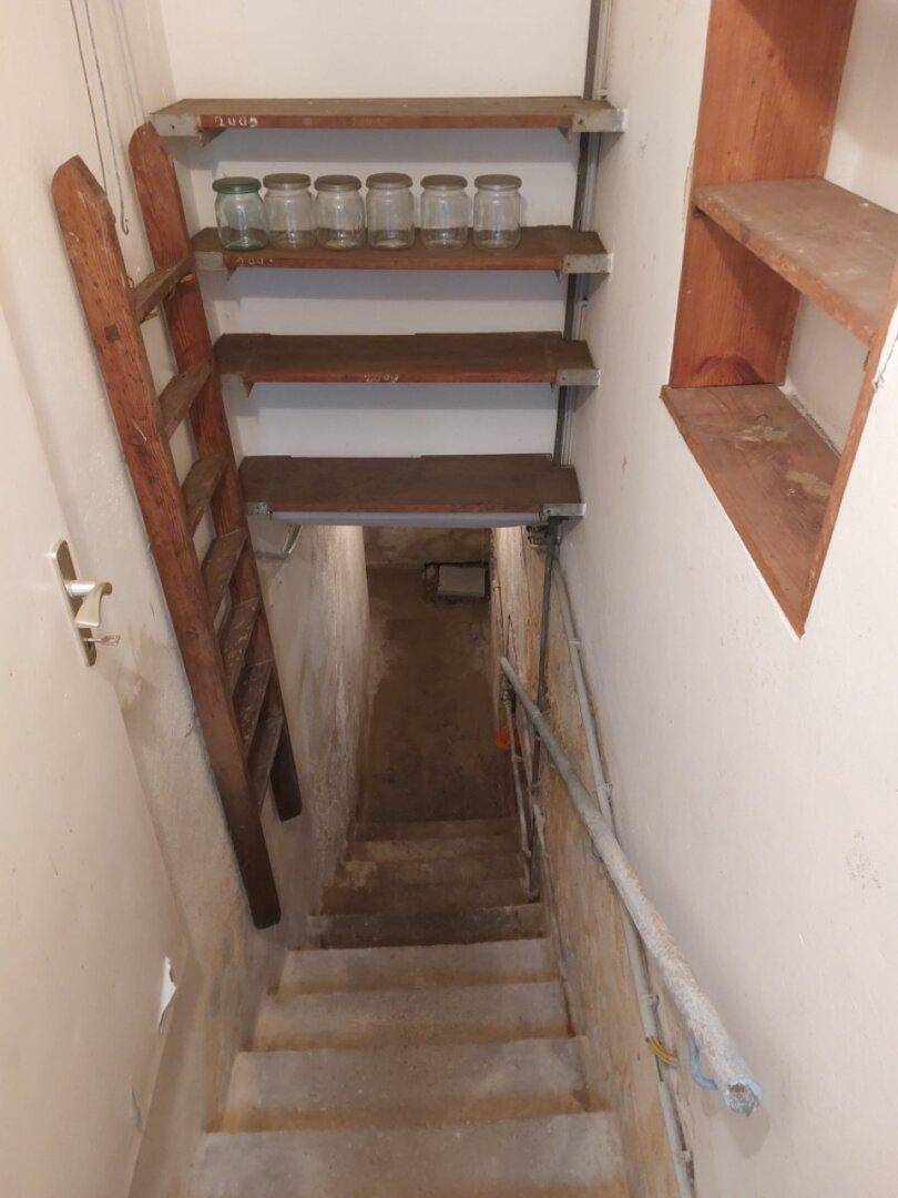 Treppe führt in einen Kellerraum mit Regalen und einer Leiter, ideal als Abstellraum.