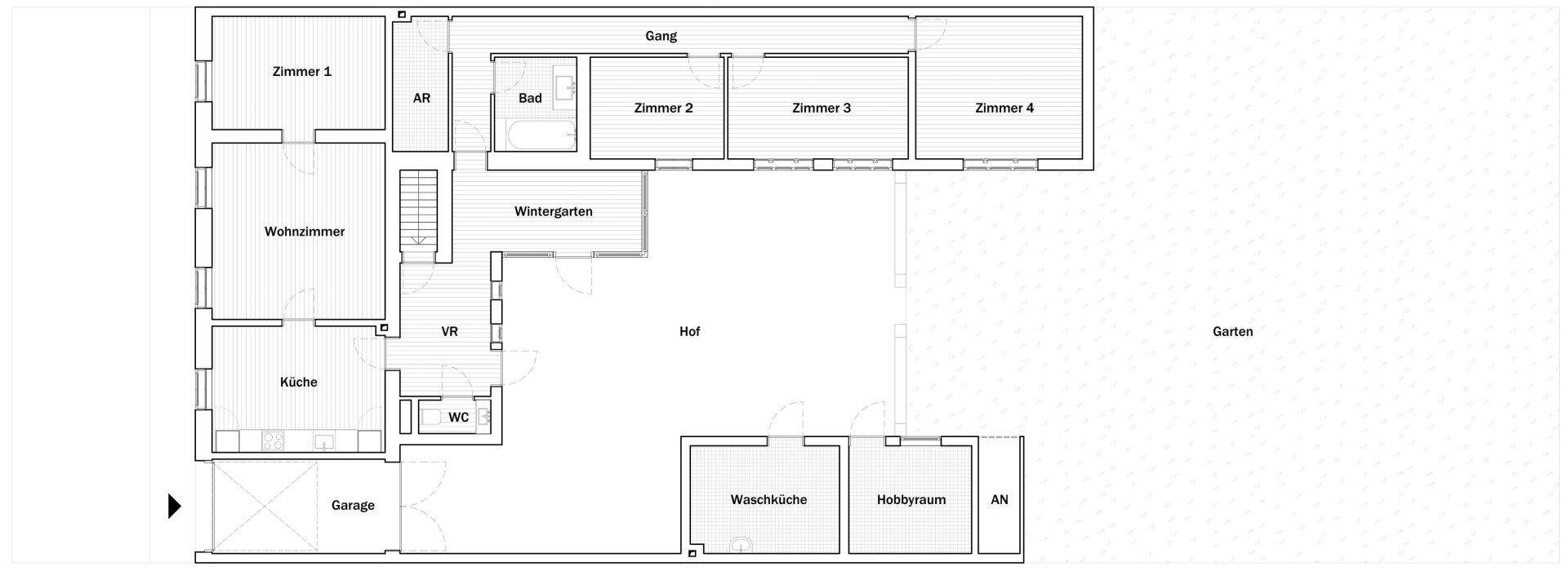 Grundriss mit Wohnzimmer, Küche, Bad, WC, Wintergarten, Waschküche, Hobbyraum und Garage.