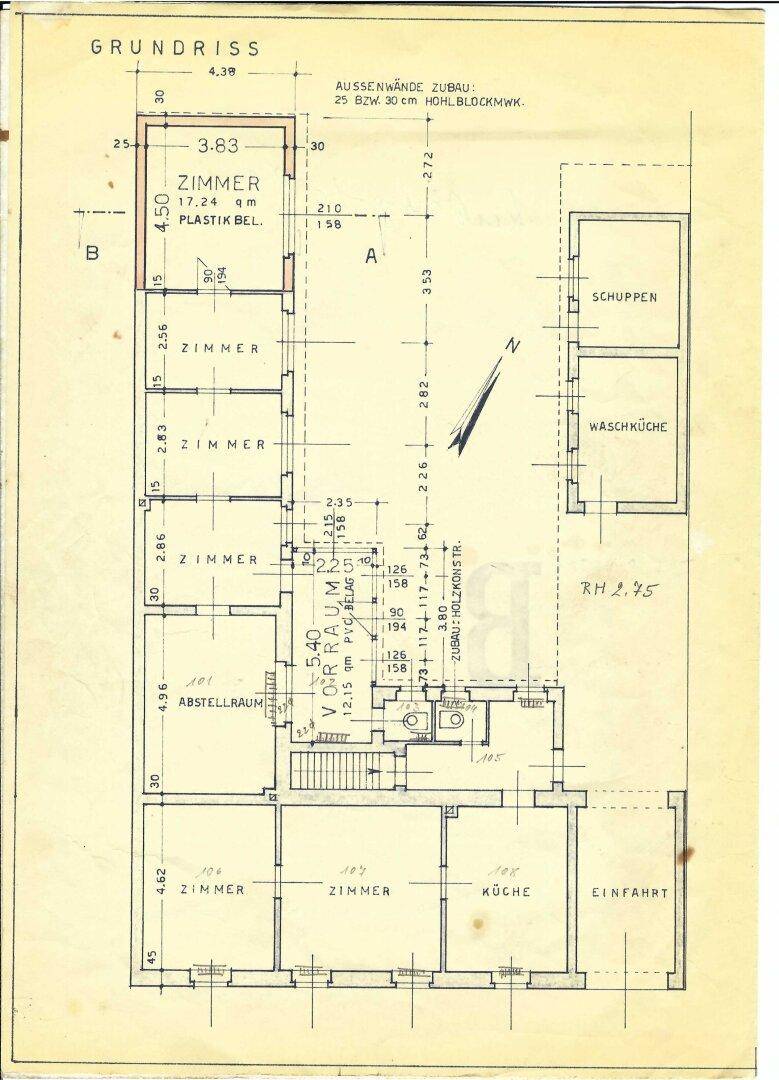 Detaillierter Grundriss mit Zimmern, Küche, Waschküche und Abstellraum sowie Maßen.