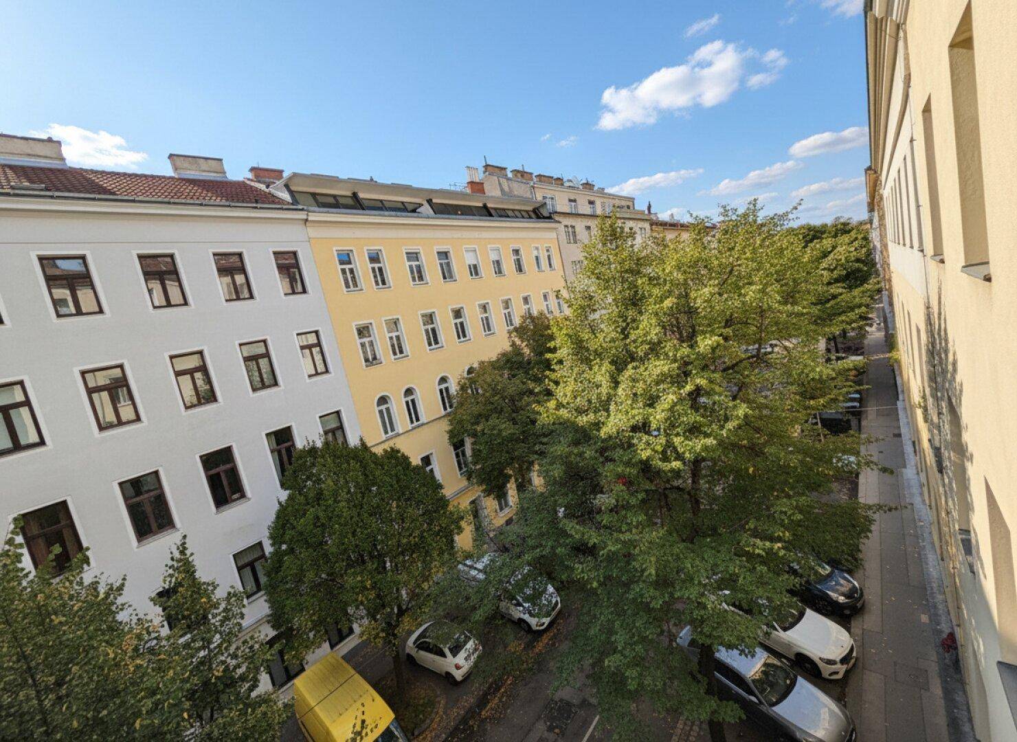 Blick von oben auf eine belebte Straße mit Bäumen und parkenden Autos.