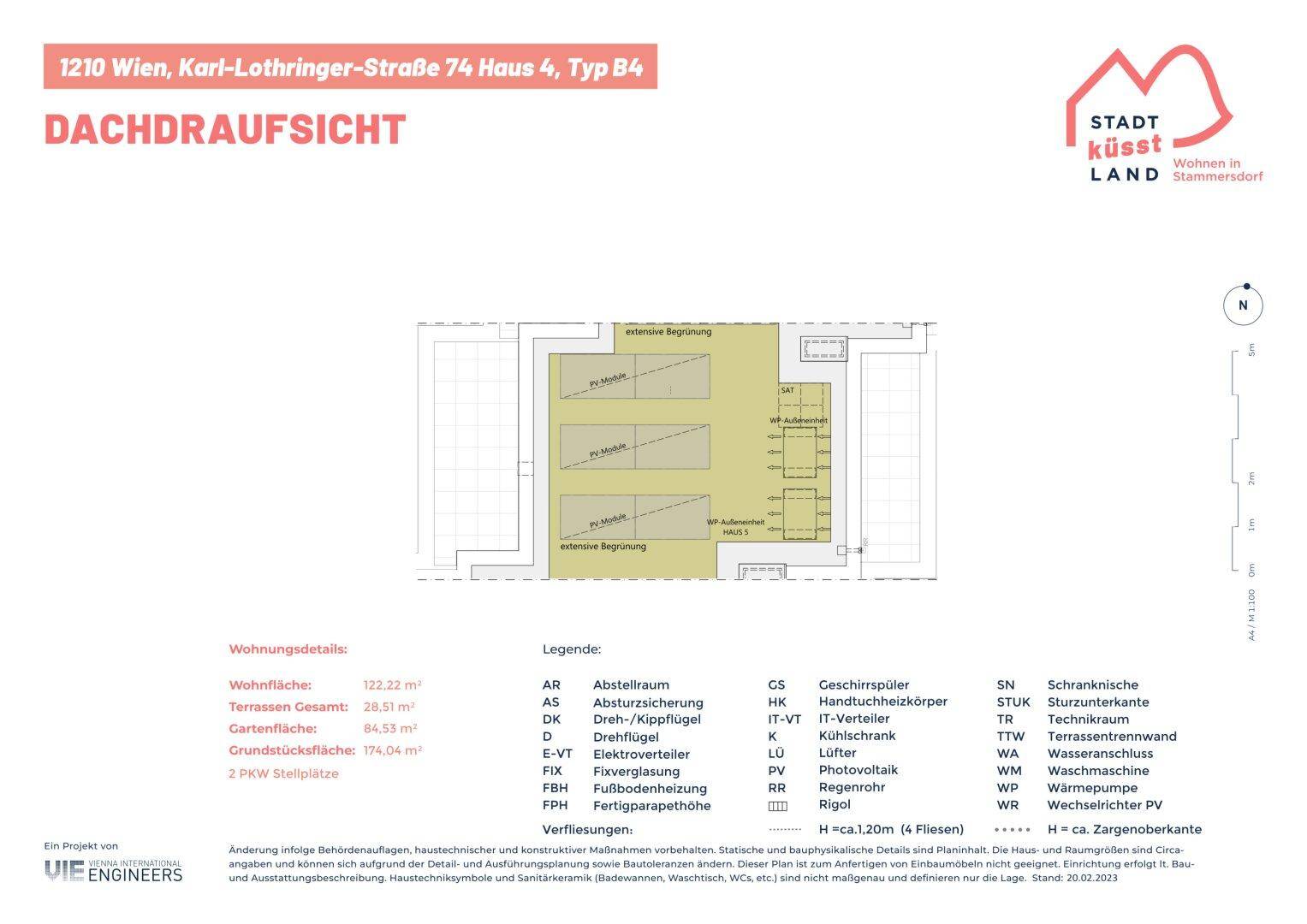 Dachaufsicht des Gebäudes mit extensiver Begrünung und Photovoltaikanlage auf dem Flachdach.