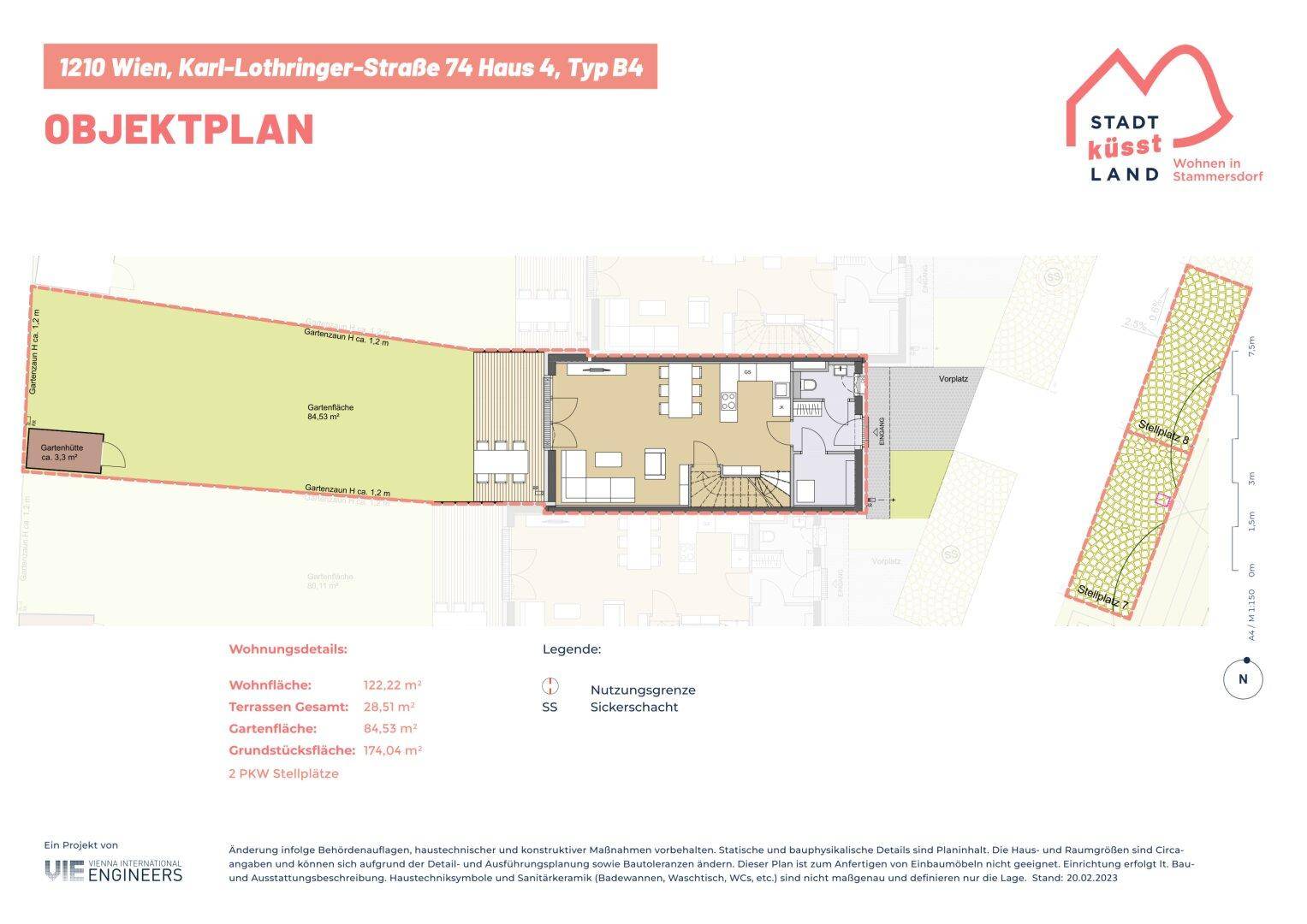 Übersichtlicher Objektplan mit Grundstücksgrenzen, Wohnungsdetails und Außenbereichen.