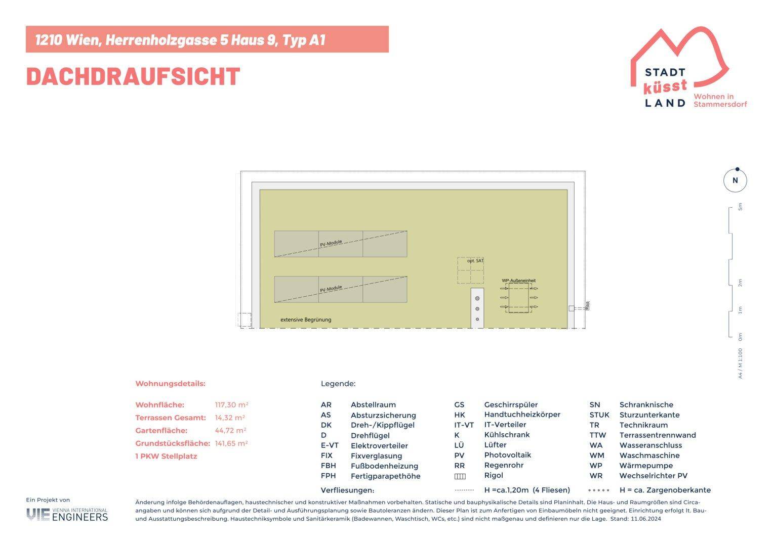 Dachaufsicht des Gebäudes mit eingezeichneten Photovoltaikmodulen, Gründach und Terrassenbereichen.