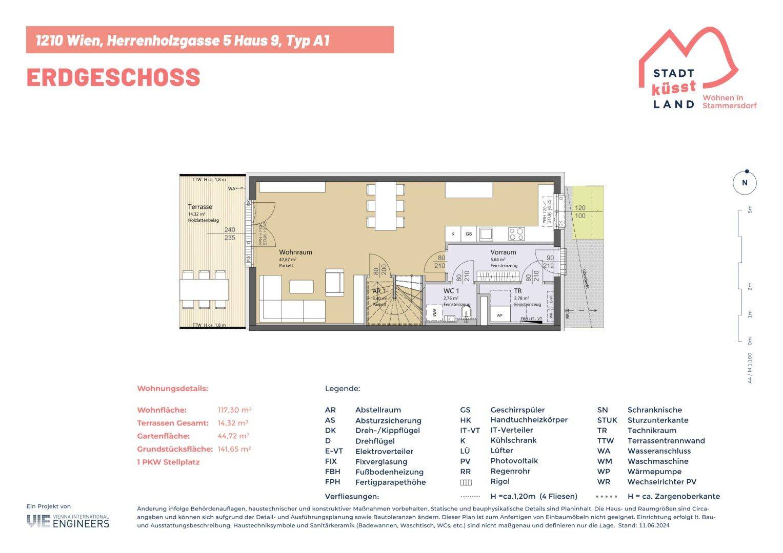 Grundriss des Erdgeschosses mit Wohnraum, Terrasse, Garten und WC-Bereich.