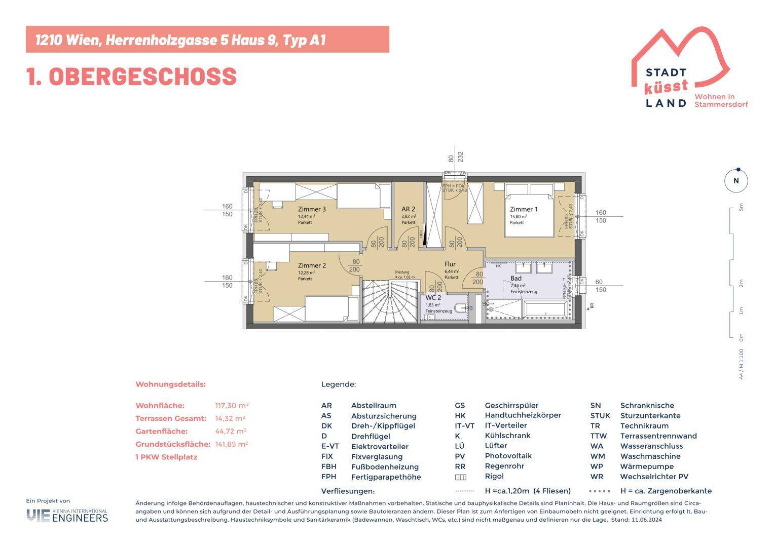 Grundriss des ersten Obergeschosses mit drei Schlafzimmern, Bad und separatem WC.