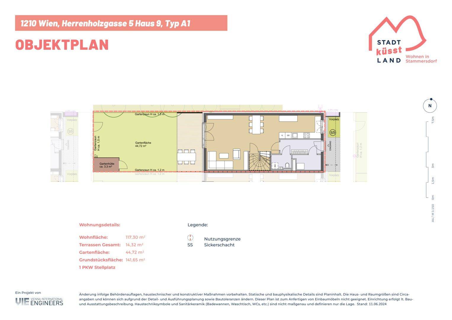 Objektplan mit Wohnungsdetails, Grundriss und Legende für das Erdgeschoss.