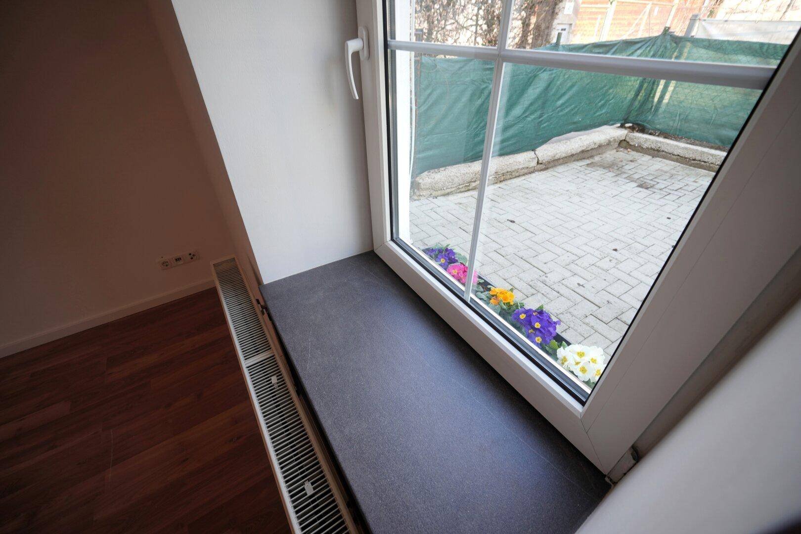 Nahaufnahme eines Fensters mit Blick auf einen gepflasterten Außenbereich und Blumen.