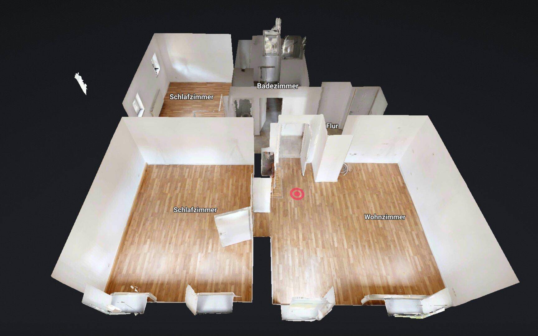3D-Grundrissansicht der Wohnung mit Schlafzimmern, Badezimmer, Flur und Wohnzimmer.