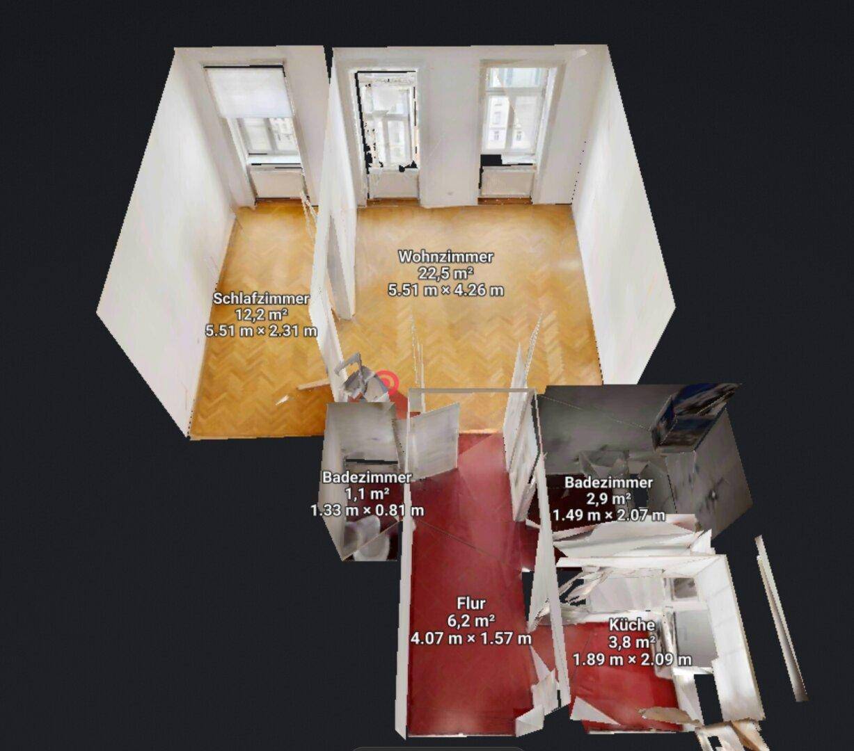 3D-Grundriss der Wohnung mit Schlafzimmer, Wohnzimmer, Bädern, Flur und Küche.