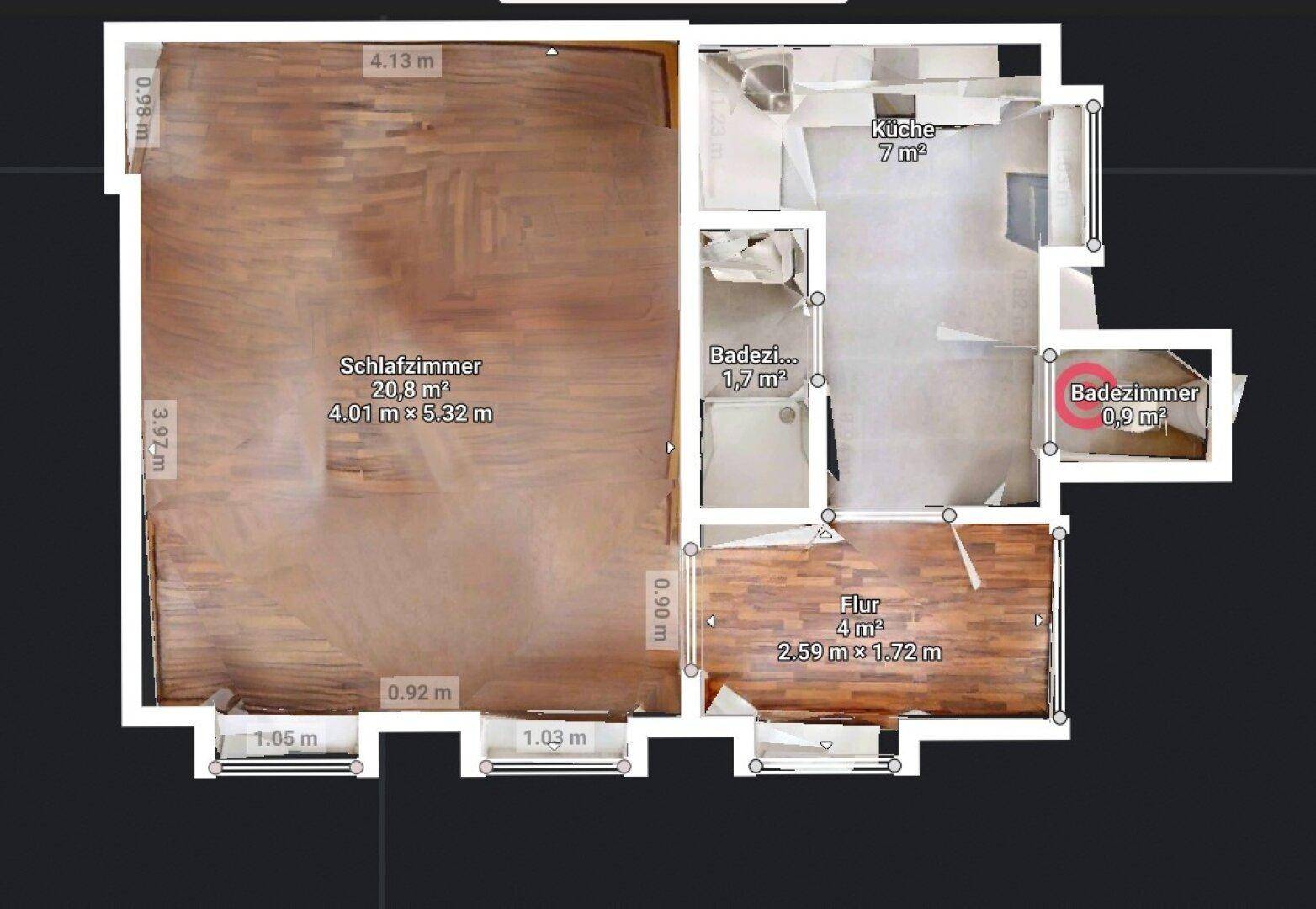Detaillierter Grundriss mit Schlafzimmer, Küche, Bad und Flur, inklusive Flächenangaben.