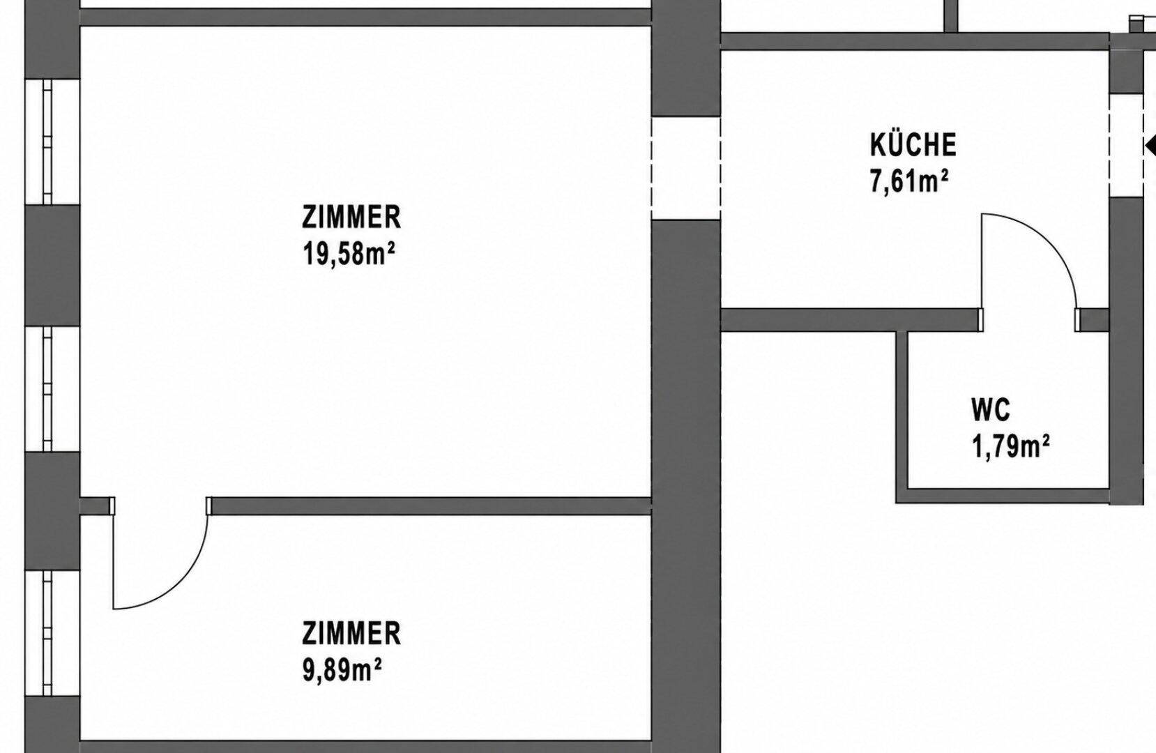Grundriss zeigt zwei Zimmer, eine Küche und ein separates WC mit Flächenangaben.