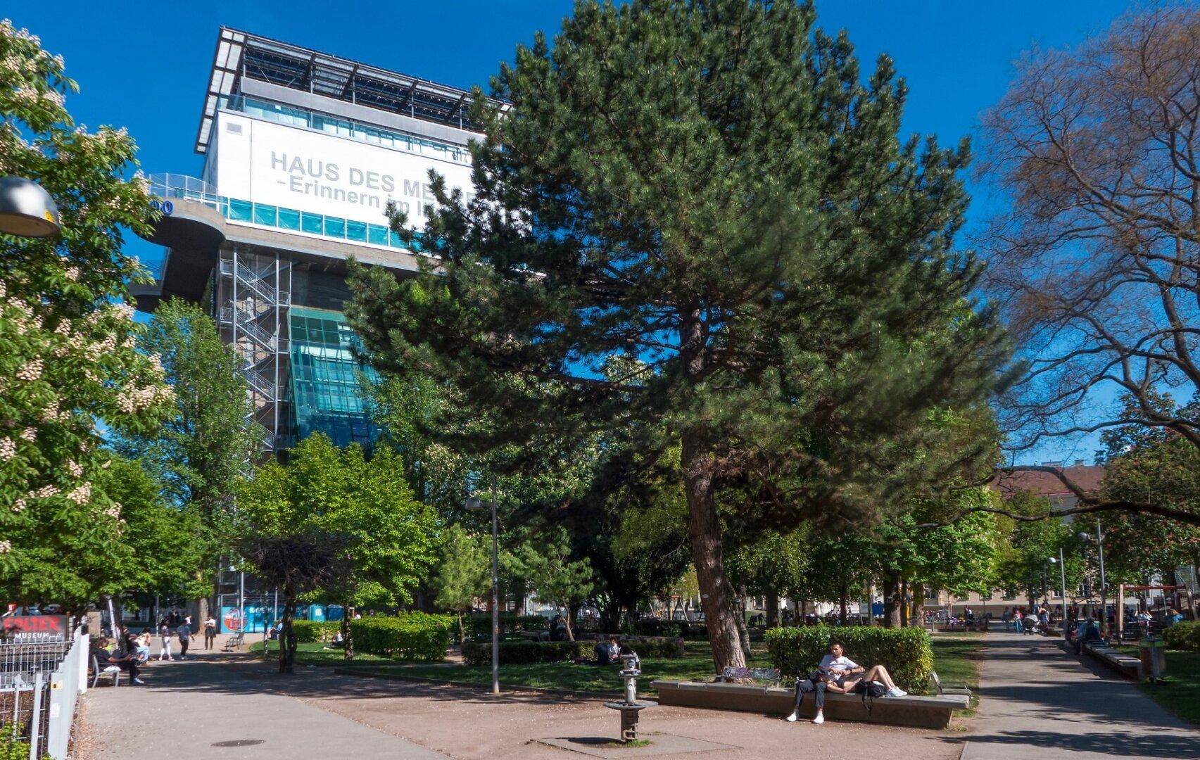 Grüner Park mit großem Baum und dem modernen Gebäude "Haus des Meeres" im Hintergrund.