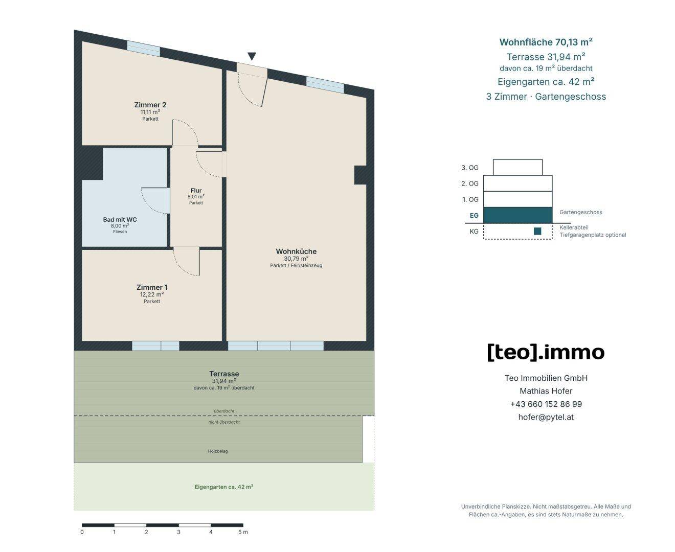 Grundriss einer Gartenwohnung mit zwei Zimmern, Wohnküche, Bad und großer Terrasse.