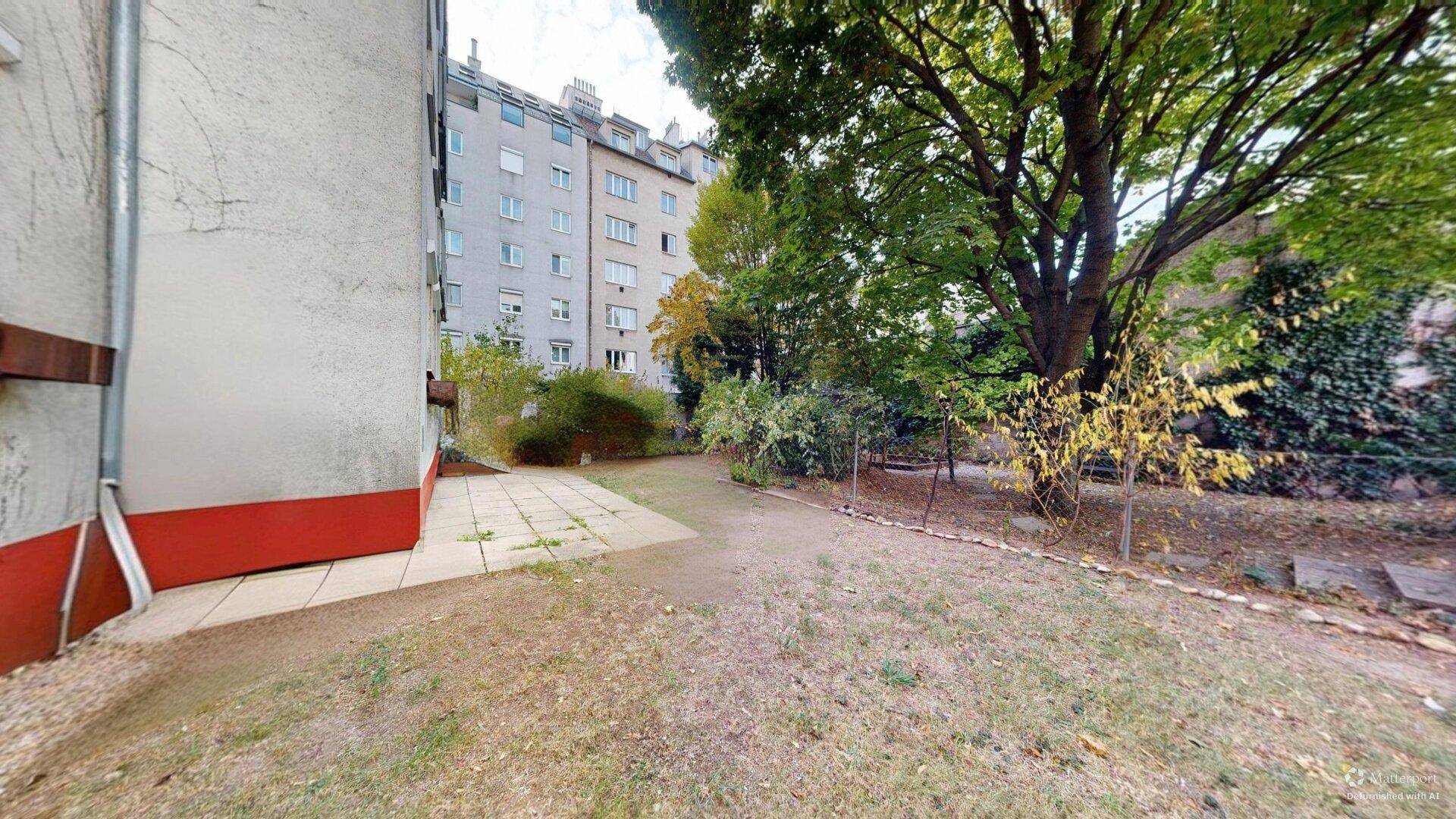 Außenbereich mit gepflasterter Fläche und einem naturbelassenen Gartenabschnitt mit altem Baumbestand.