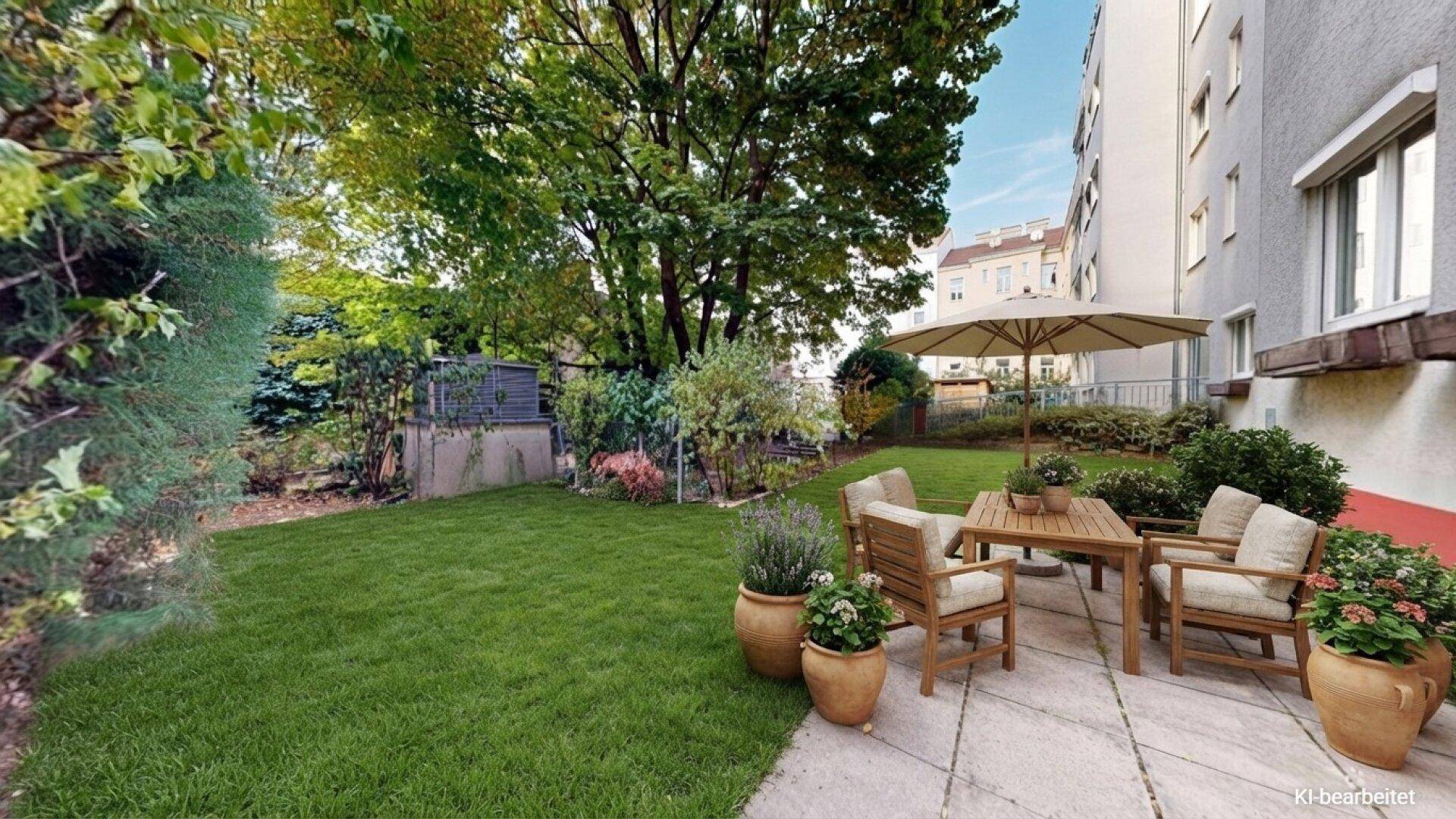 KI-bearbeiteter Gartenbereich mit Rasenfläche, Gartenmöbeln und Sonnenschirm für entspannte Stunden.