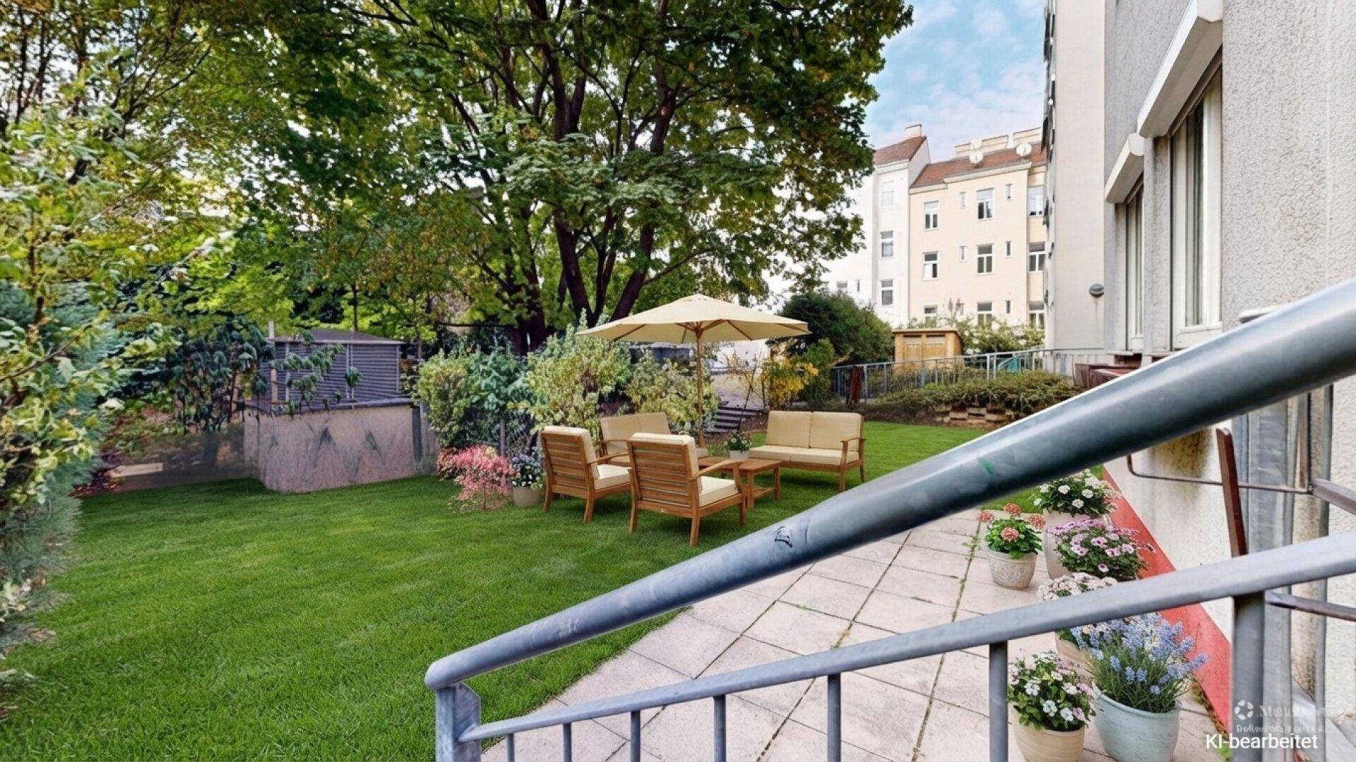 KI-bearbeiteter Gartenbereich mit Rasen, bequemen Gartenmöbeln und Blumen für eine einladende Atmosphäre.