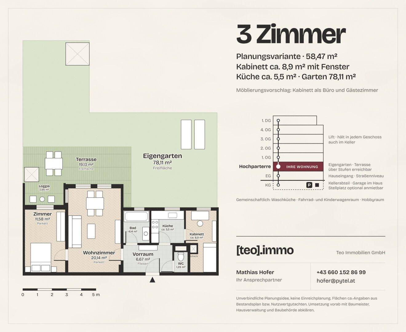 Detaillierter Grundriss einer Wohnung mit Terrasse, Eigengarten und offenem Wohnbereich.