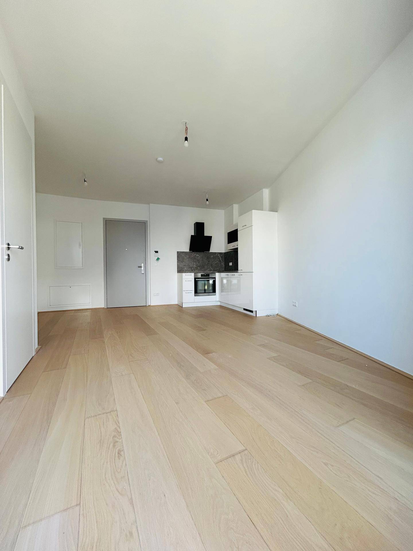 Geräumiger Wohnbereich mit Holzboden und moderner Küchenzeile, ideal für offenes Wohnen.