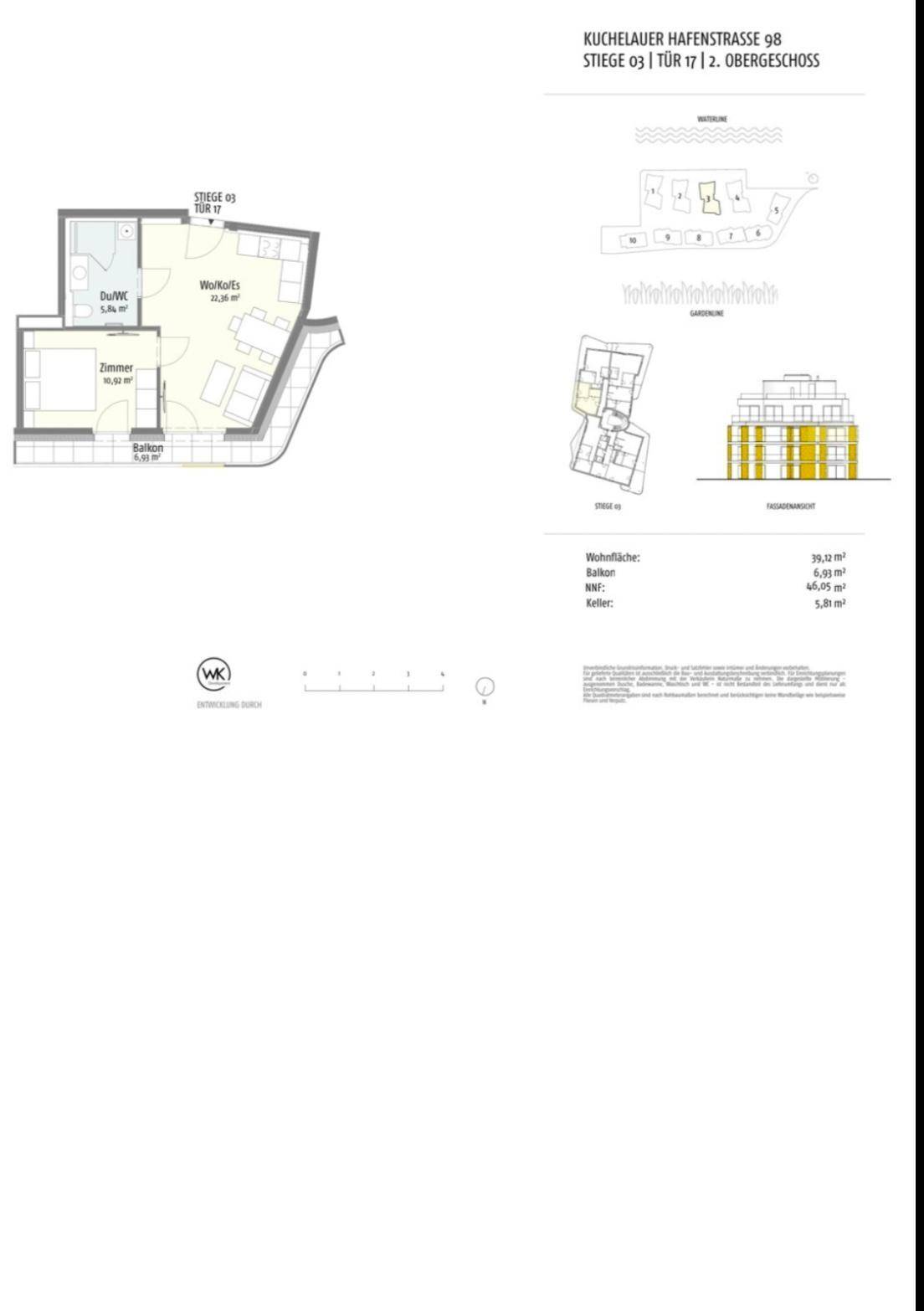 Detaillierter Grundriss einer Wohnung mit Wohnbereich, Schlafzimmer und Balkon.
