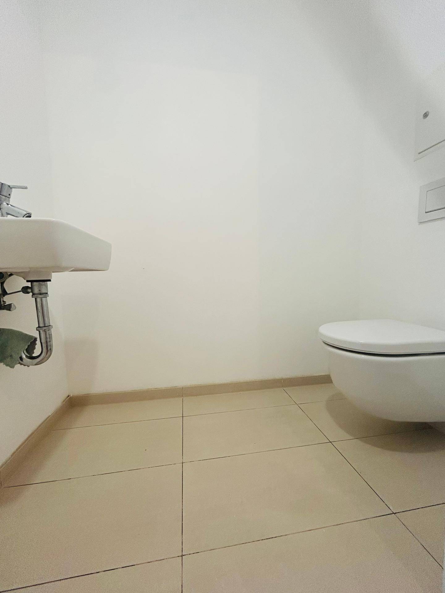 Separates Gäste-WC mit wandhängender Toilette und Waschbecken, ausgestattet mit hellen Fliesen.