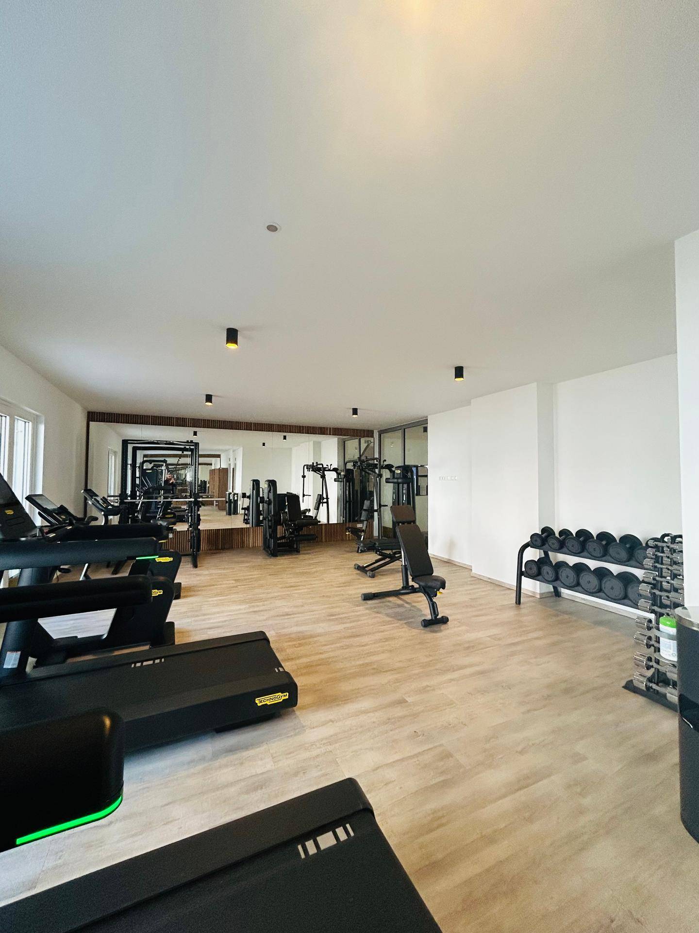 Gut ausgestatteter Fitnessraum mit modernen Trainingsgeräten und Spiegelwand.