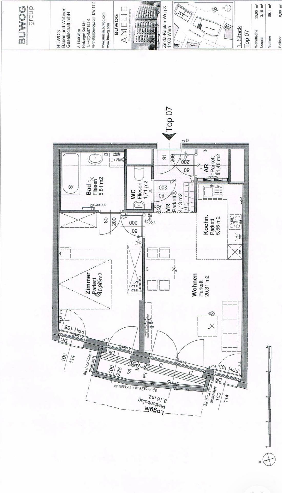 Grundriss einer Wohnung mit Loggia, separatem WC und offenem Wohnbereich.