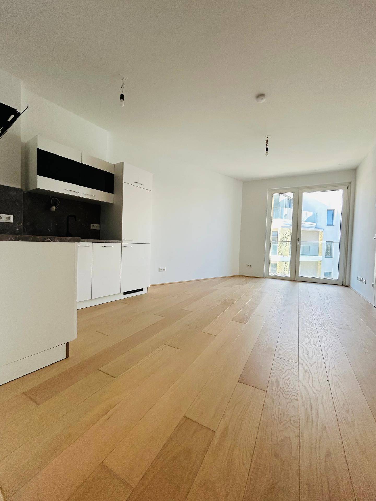 Heller offener Wohnbereich mit integrierter Küchenzeile, Holzboden und Zugang zum Balkon.