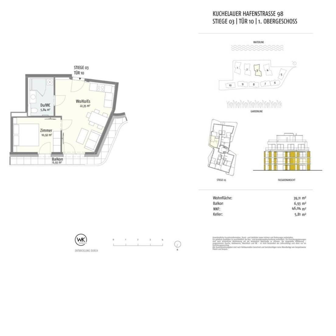 Detaillierter Grundriss einer Wohnung im ersten Obergeschoss mit Balkon.