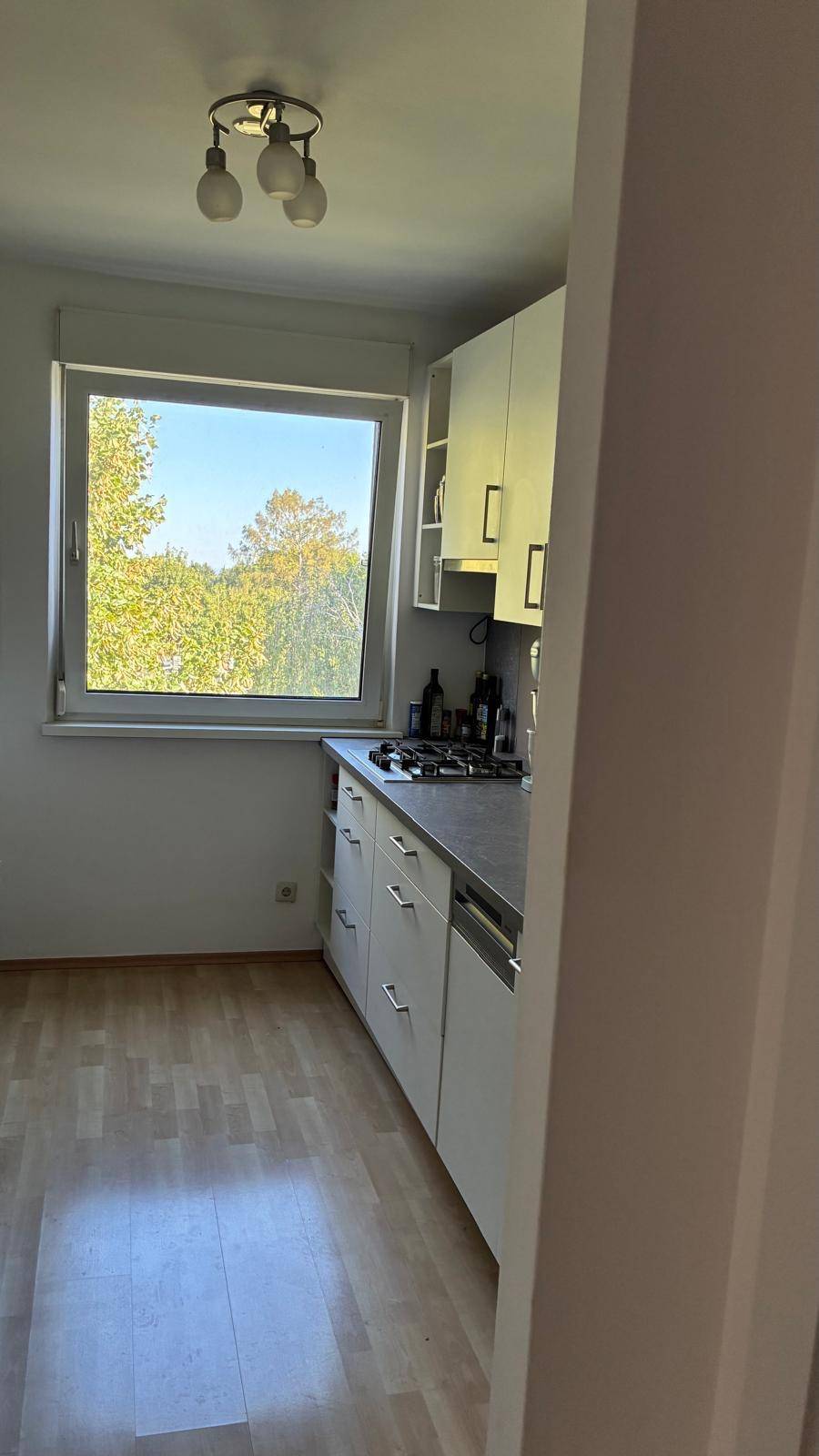 Funktionale Küche mit weißen Schränken, Gasherd und Fenster mit Blick ins Grüne.