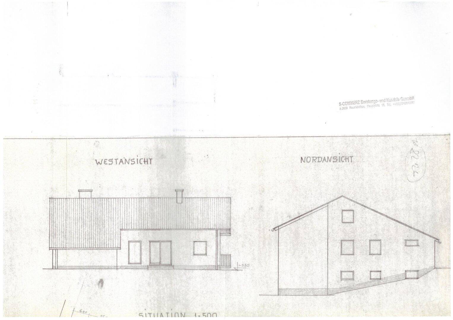 Architektonische Zeichnung der West- und Nordansicht des Einfamilienhauses.
