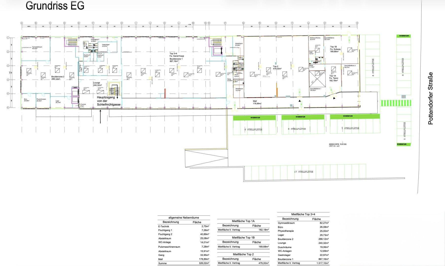 Grundriss des Erdgeschosses mit verschiedenen Mieteinheiten, großen Fensterfronten und Zugang zur Straße.