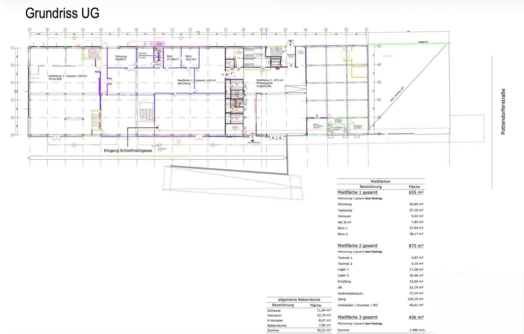 Grundriss des Untergeschosses mit weiteren Mietflächen, Tiefgarage und Zugang zur Schlafhöhngasse.