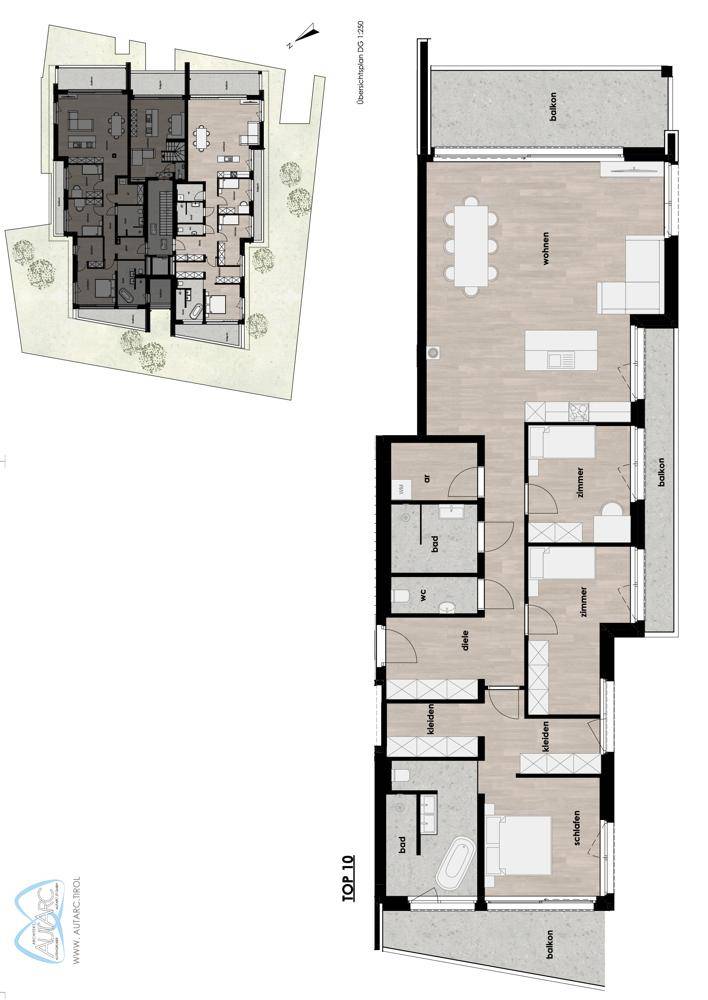 Detaillierter Grundriss einer Wohnung mit mehreren Zimmern, Bädern und Balkonzugängen.