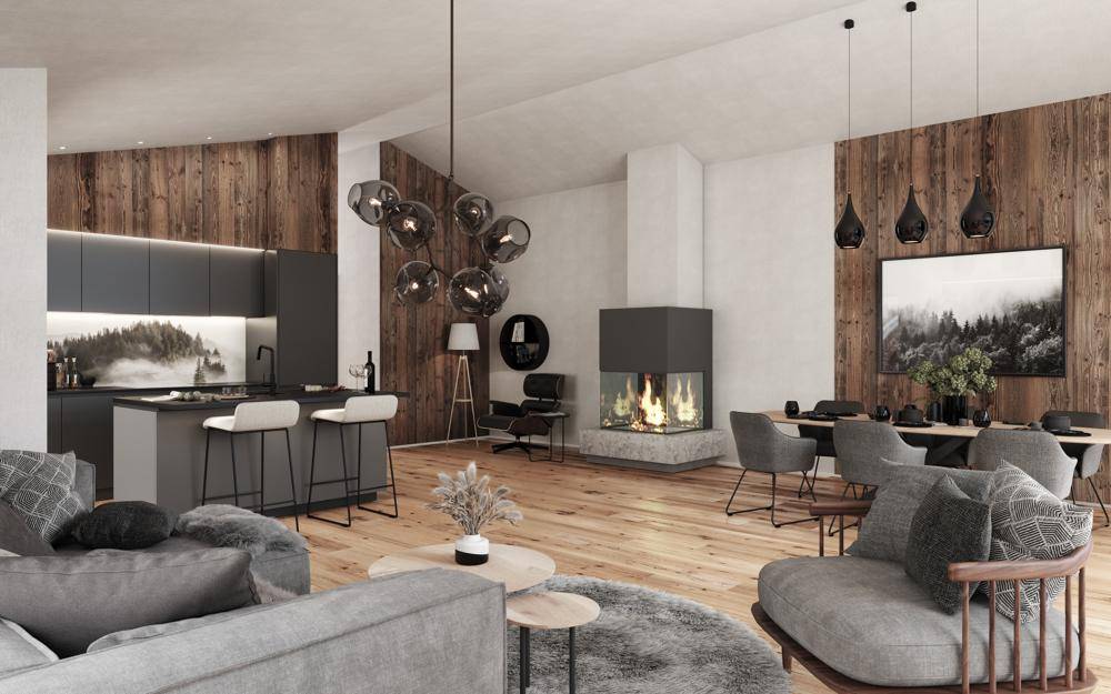 Moderner, offener Wohn-Essbereich mit Holzwänden, integrierter Küche und elegantem Kamin.