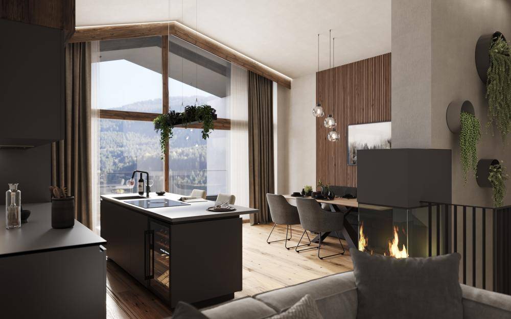 Moderner offener Wohn-Essbereich mit Küche, Kamin, hohen Decken und Bergblick durch große Fenster.