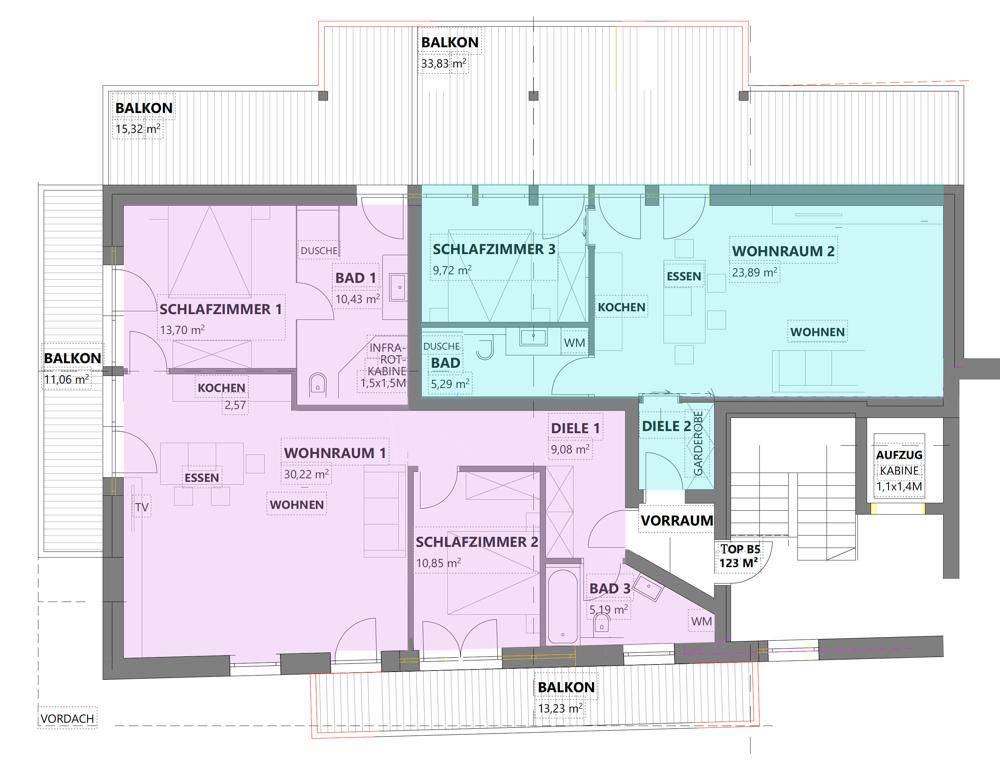 Detaillierter Grundriss einer Wohnung mit mehreren Schlafzimmern, Bädern und Balkonen.