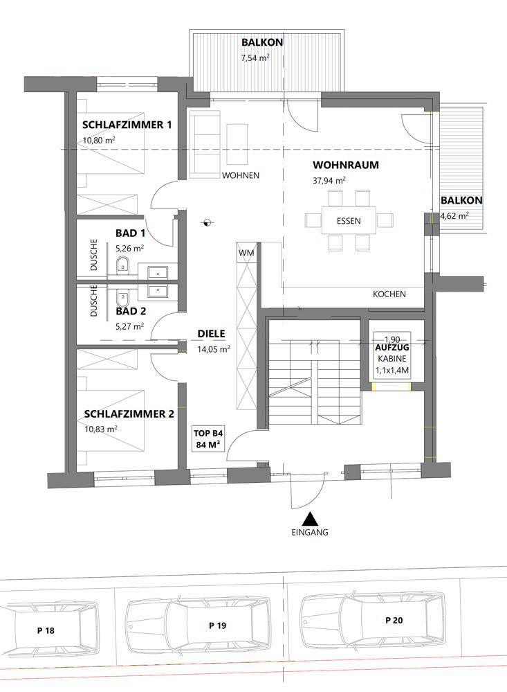 Detaillierter Grundriss einer Wohnung mit zwei Schlafzimmern, zwei Bädern und Balkonen.