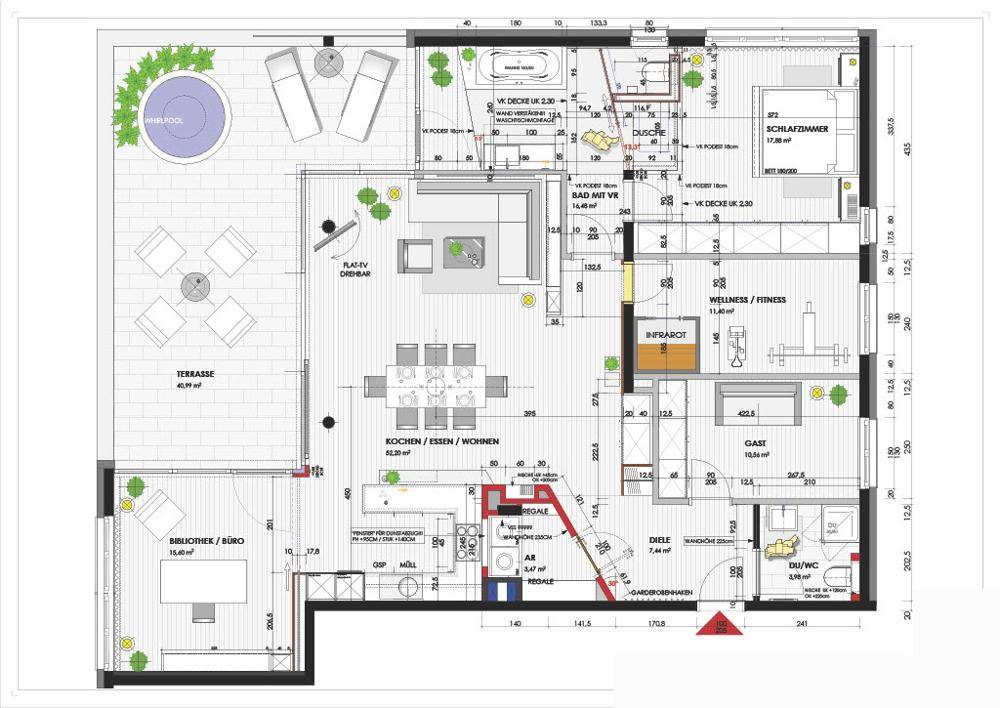Detaillierter Grundriss der Wohnung mit Terrasse, Whirlpool und Wellnessbereich.