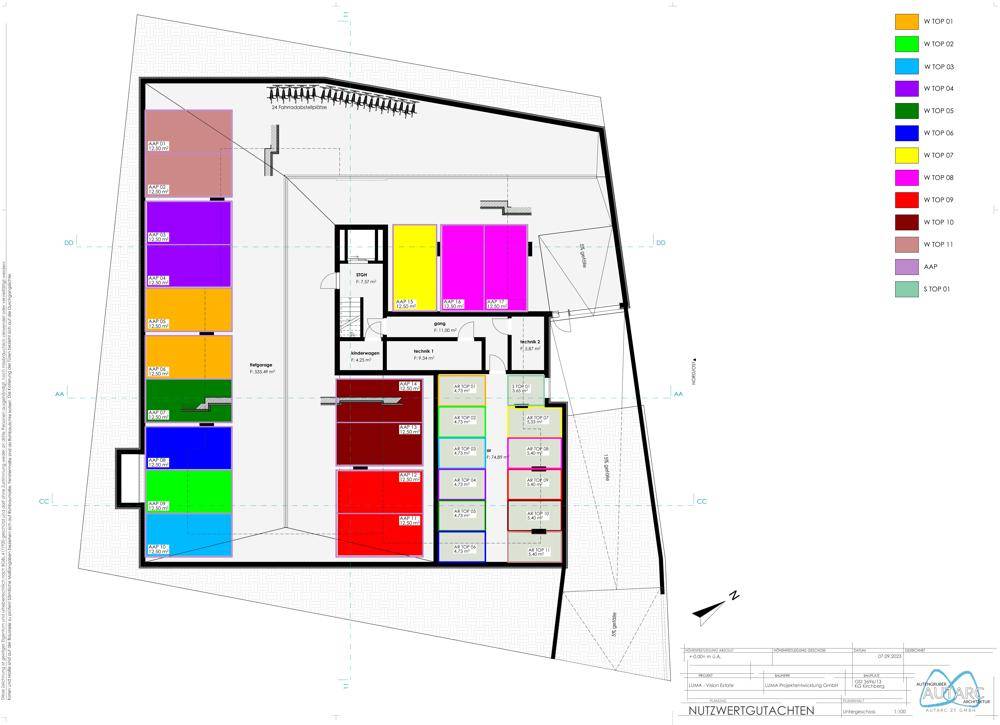 Übersichtsplan des Gebäudes mit farblich markierten Wohneinheiten und Tiefgaragenzufahrt.