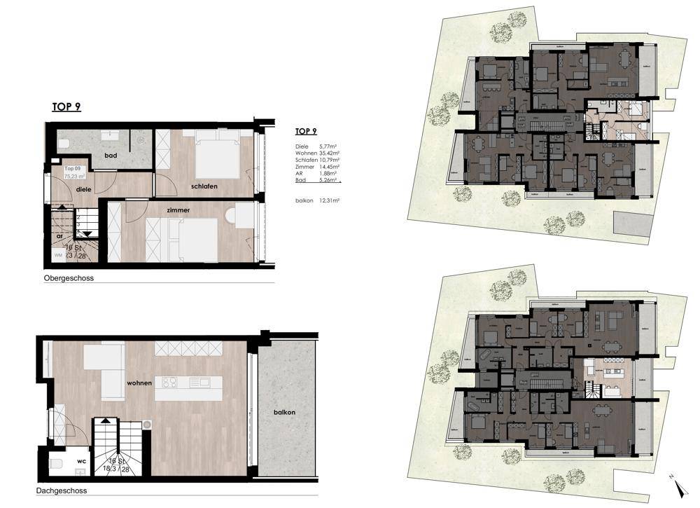 Detaillierte Grundrisse der Wohneinheit TOP 9 über zwei Etagen mit offenem Wohnbereich und Balkon.