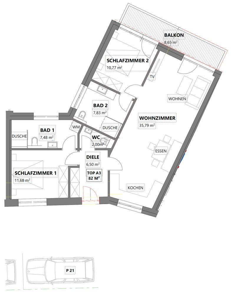 Grundriss der Wohnung mit zwei Schlafzimmern, zwei Bädern und einem Balkon.