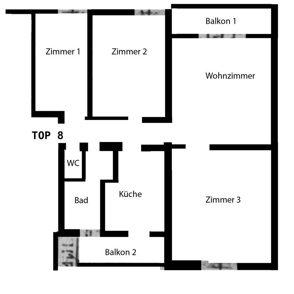 Grundriss der Wohnung TOP 8 mit drei Zimmern, Küche, Bad und zwei Balkonen.